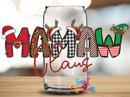 Mamaw Claus design close-up on a clear glass can tumbler