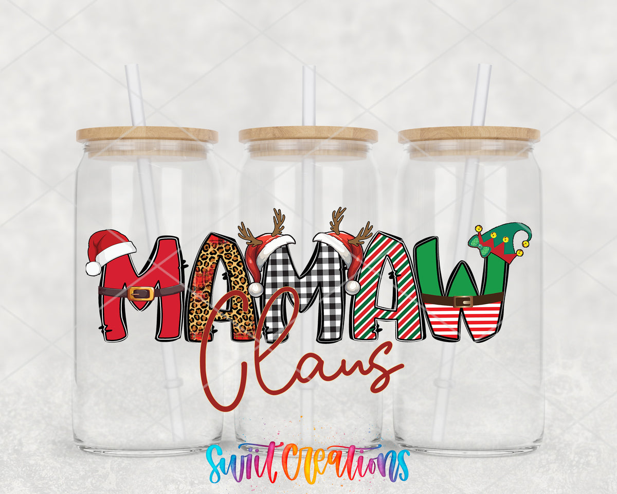 Mamaw Claus clear glass tumbler group mockup with bamboo lids and straws