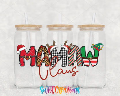 Mamaw Claus clear glass tumbler group mockup with bamboo lids and straws