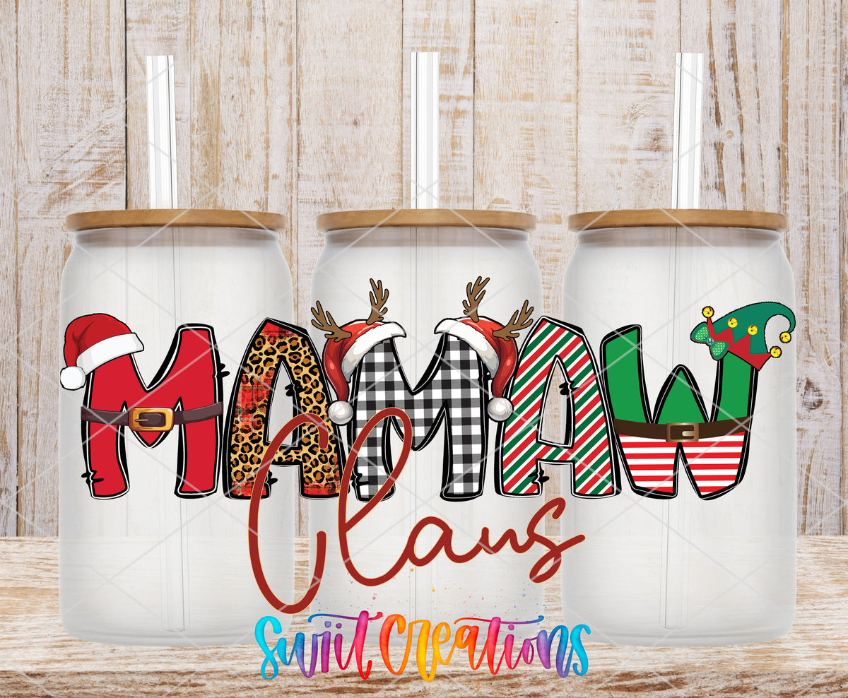Mamaw Claus frosted glass tumbler mockup with bamboo lids and straws