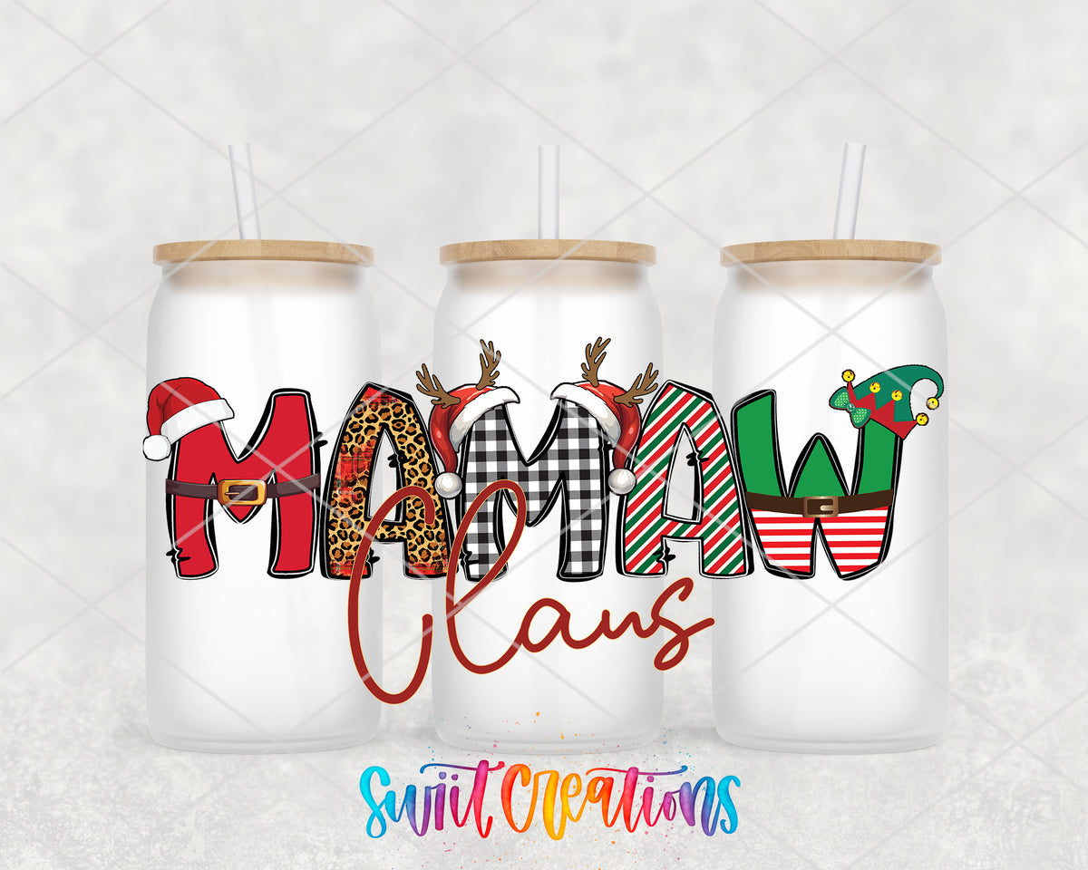 Mamaw Claus frosted glass tumbler group view with lids and straws