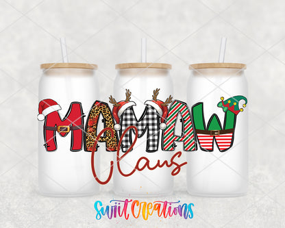 Mamaw Claus frosted glass tumbler group view with lids and straws