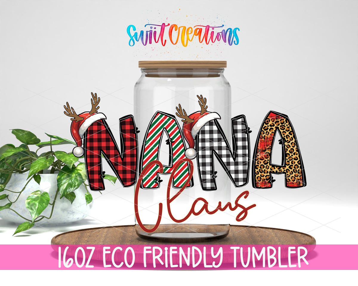Nana Claus design on a 16 oz clear glass tumbler with bamboo lid