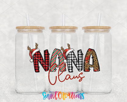 Nana Claus clear glass tumbler group mockup with bamboo lids and straws