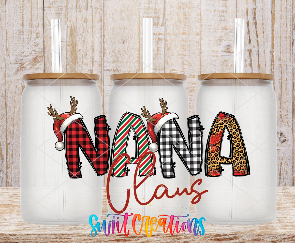 Nana Claus frosted glass tumbler mockup with bamboo lids and straws