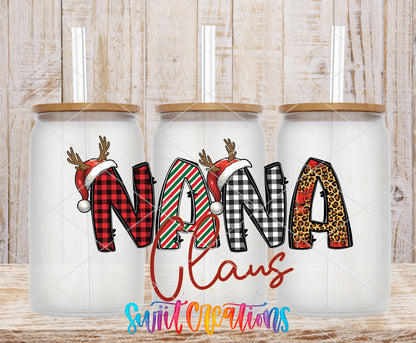 Nana Claus frosted glass tumbler mockup with bamboo lids and straws