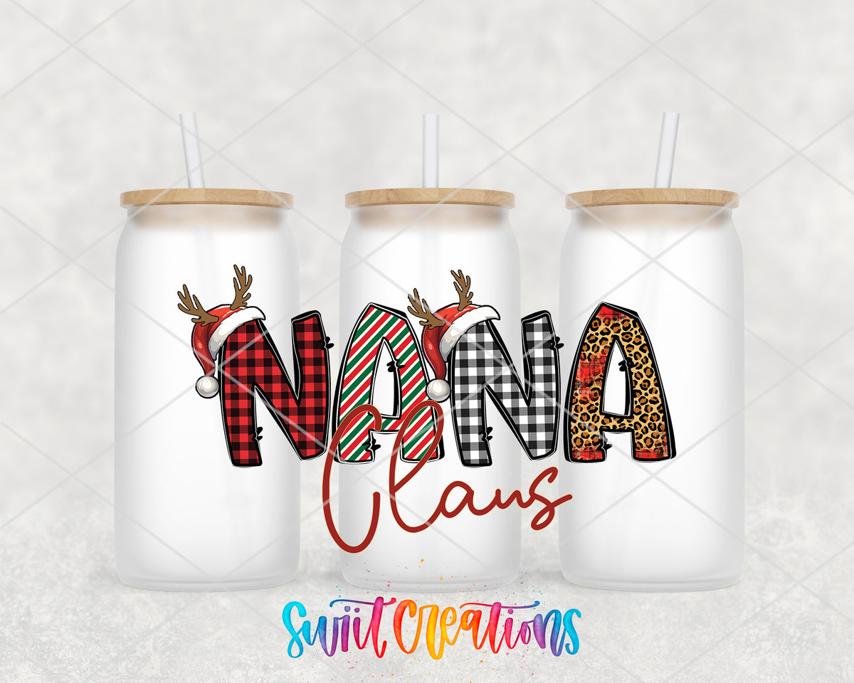 Nana Claus frosted glass tumbler group view with lids and straws
