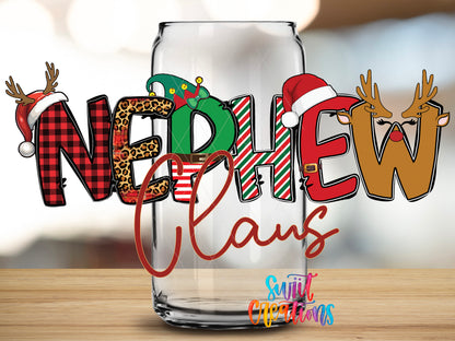 Nephew Claus design close-up on a clear glass can tumbler