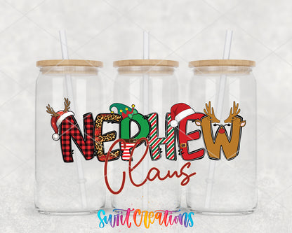 Nephew Claus clear glass tumbler group mockup with bamboo lids and straws