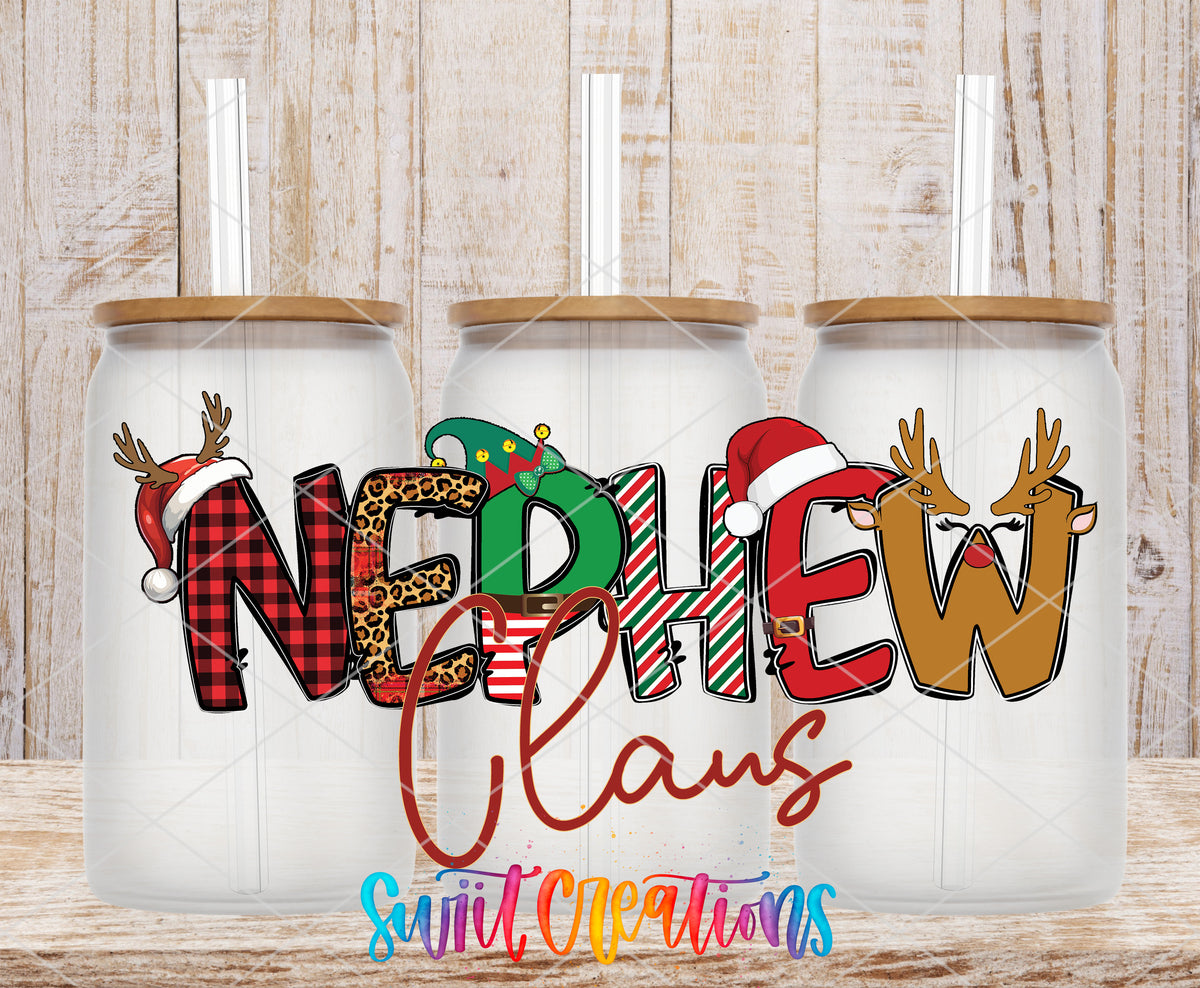 Nephew Claus frosted glass tumbler mockup with bamboo lids and straws