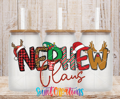 Nephew Claus frosted glass tumbler mockup with bamboo lids and straws