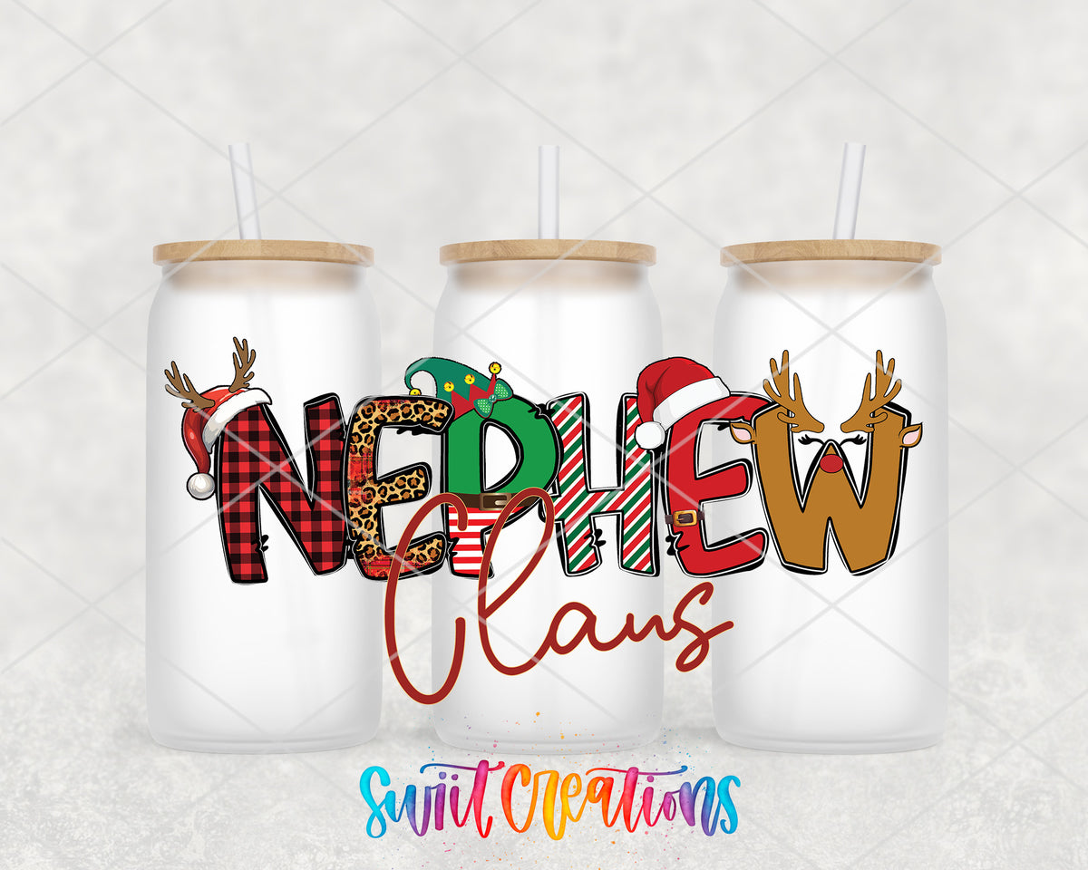 Nephew Claus frosted glass tumbler group view with lids and straws