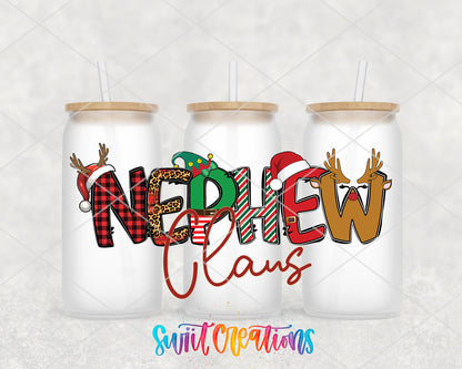 Nephew Claus frosted glass tumbler group view with lids and straws