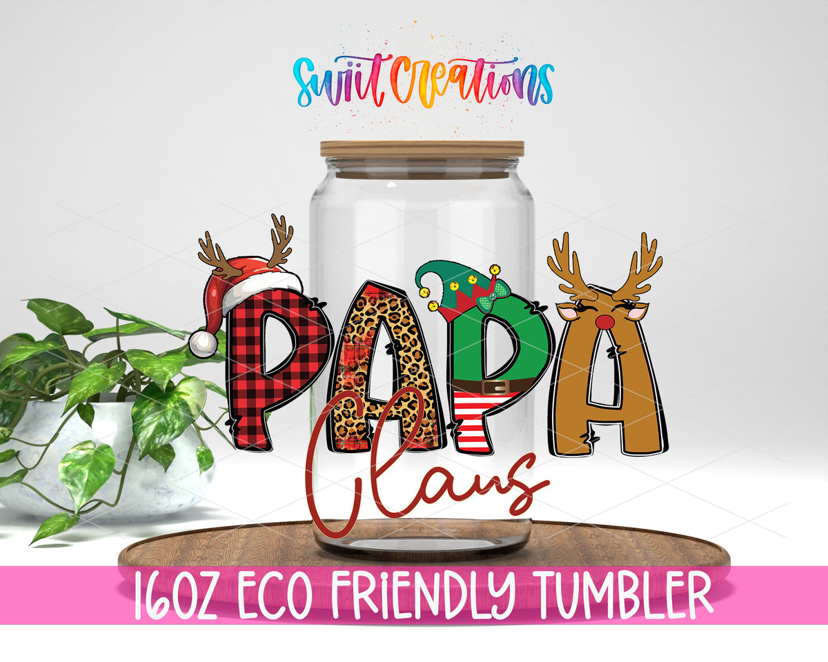 Papa Claus design on a 16 oz clear glass tumbler with bamboo lid