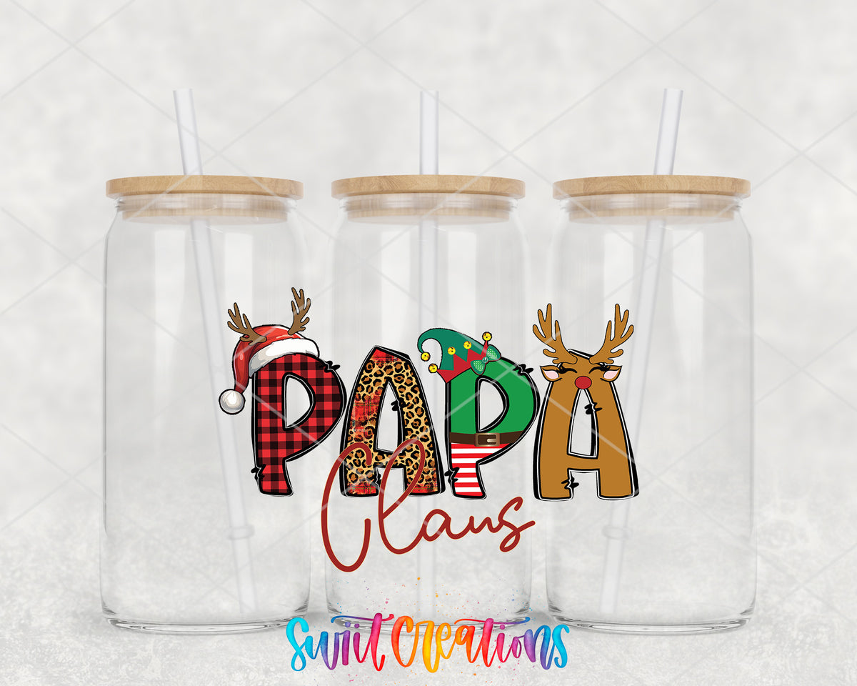 Papa Claus clear glass tumbler group mockup with bamboo lids and straws