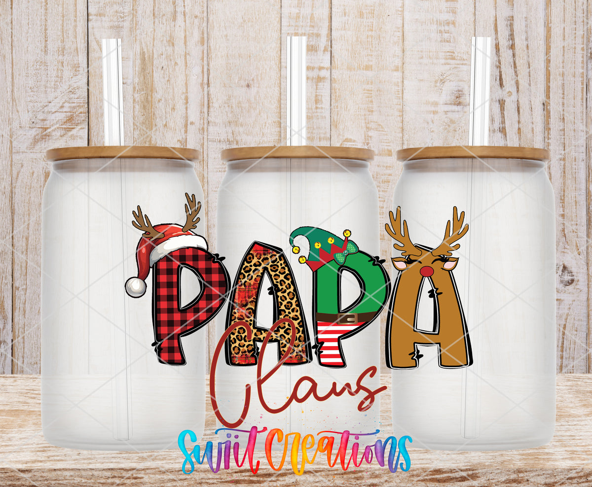 Papa Claus frosted glass tumbler mockup with bamboo lids and straws