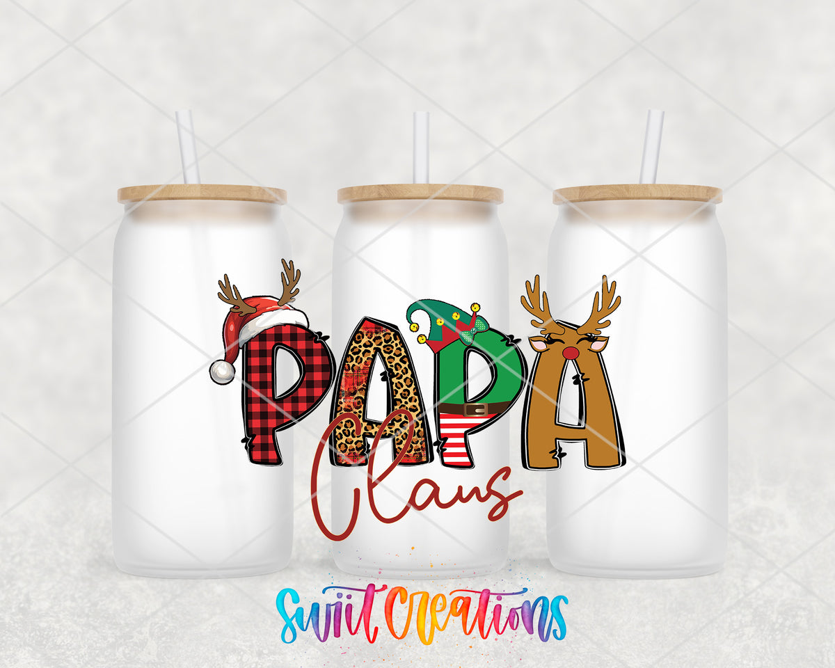 Papa Claus frosted glass tumbler group view with lids and straws