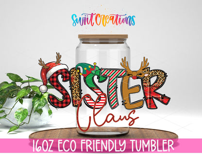 Sister Claus design on a 16 oz clear glass tumbler with bamboo lid