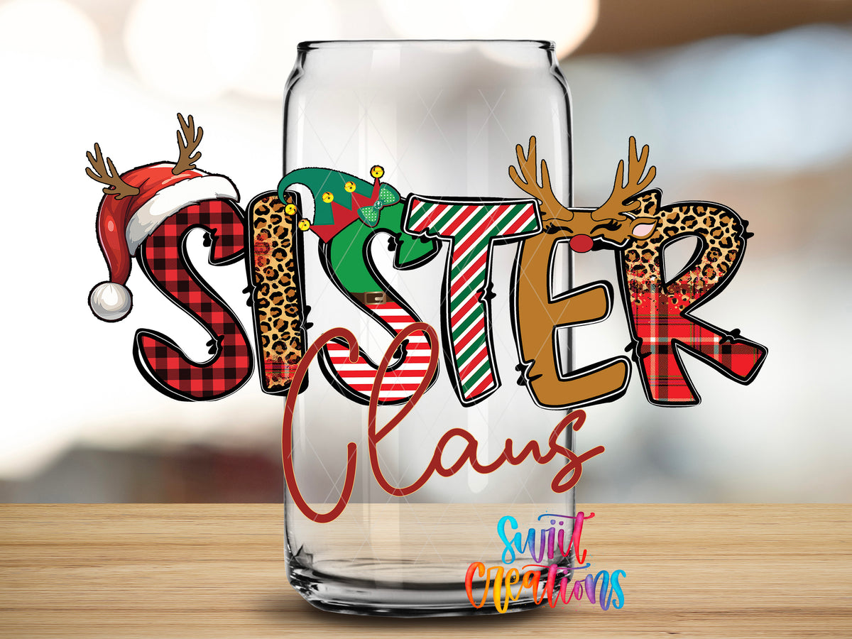 Sister Claus design close-up on a clear glass can tumbler