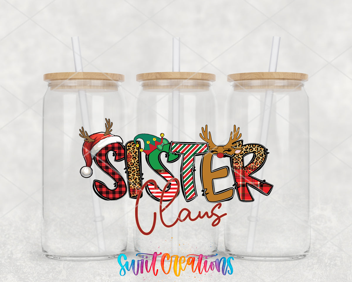 Sister Claus clear glass tumbler group mockup with bamboo lids and straws