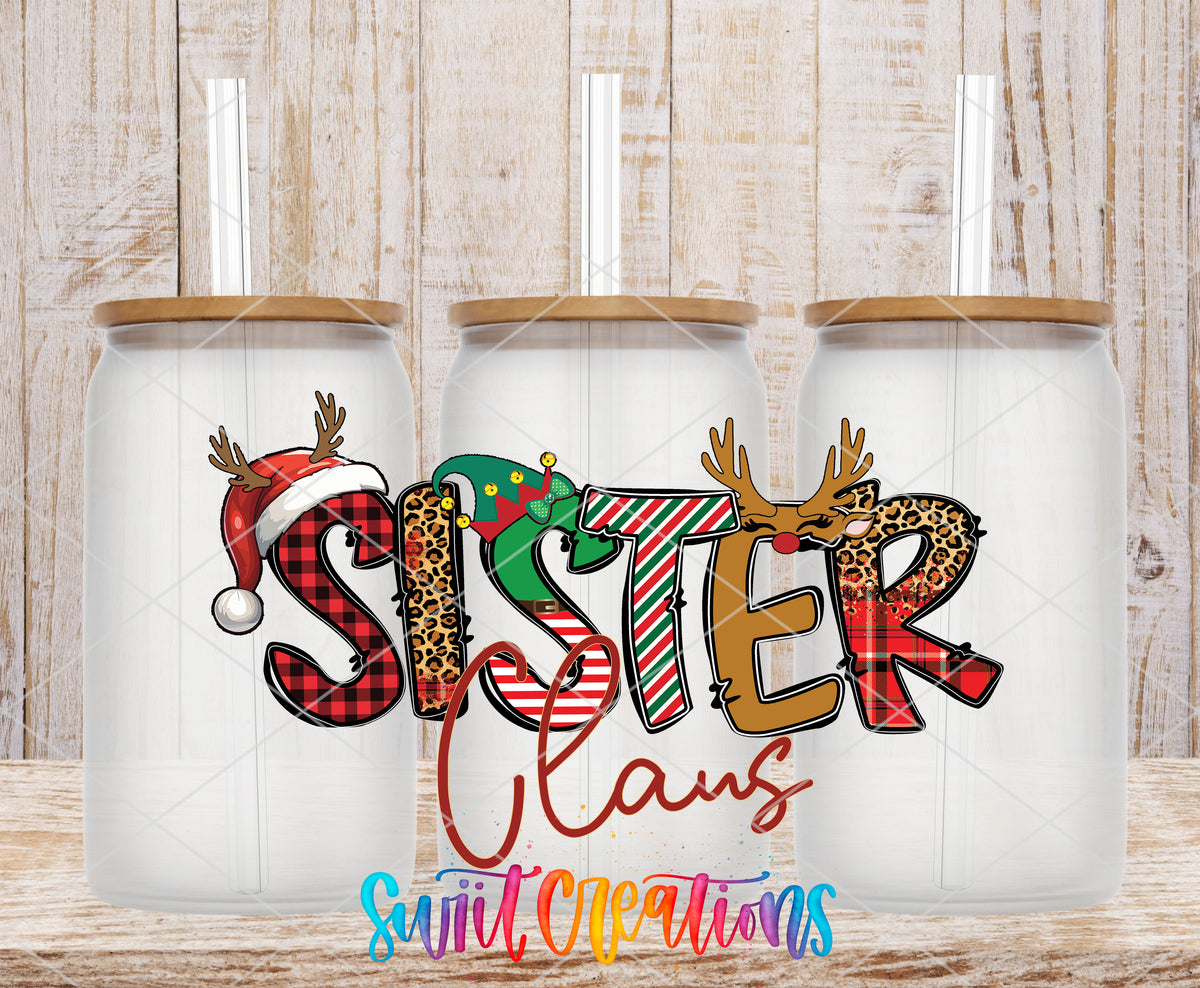 Sister Claus frosted glass tumbler mockup with bamboo lids and straws