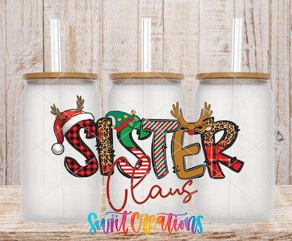 Sister Claus frosted glass tumbler mockup with bamboo lids and straws