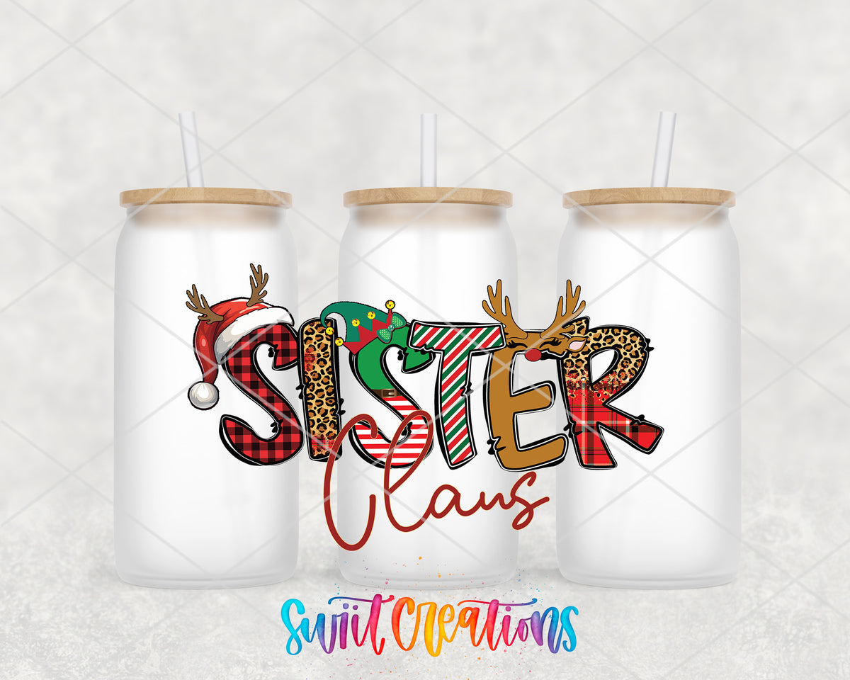 Sister Claus frosted glass tumbler group view with lids and straws