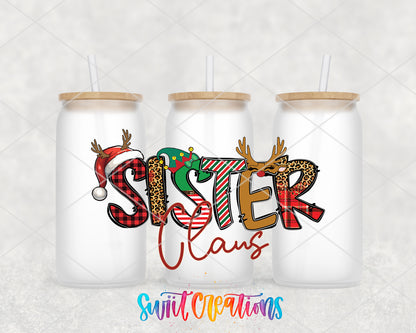 Sister Claus frosted glass tumbler group view with lids and straws