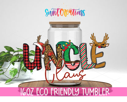 Uncle Claus design on a 16 oz clear glass tumbler with bamboo lid