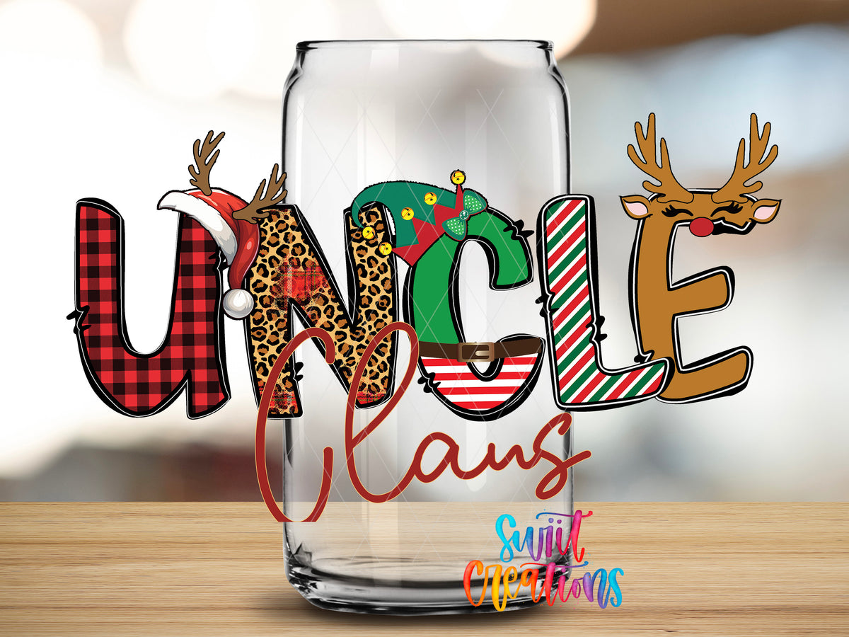 Uncle Claus design close-up on a clear glass can tumbler