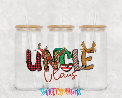 Uncle Claus clear glass tumbler group mockup with bamboo lids and straws