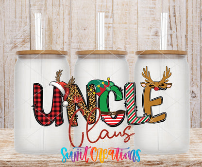 Uncle Claus frosted glass tumbler mockup with bamboo lids and straws