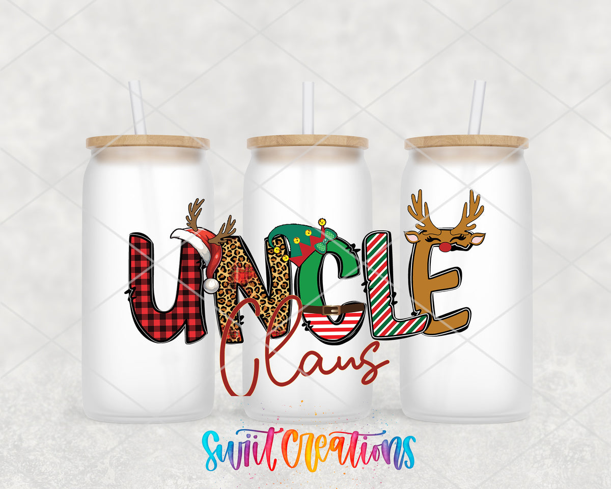 Uncle Claus frosted glass tumbler group view with lids and straws