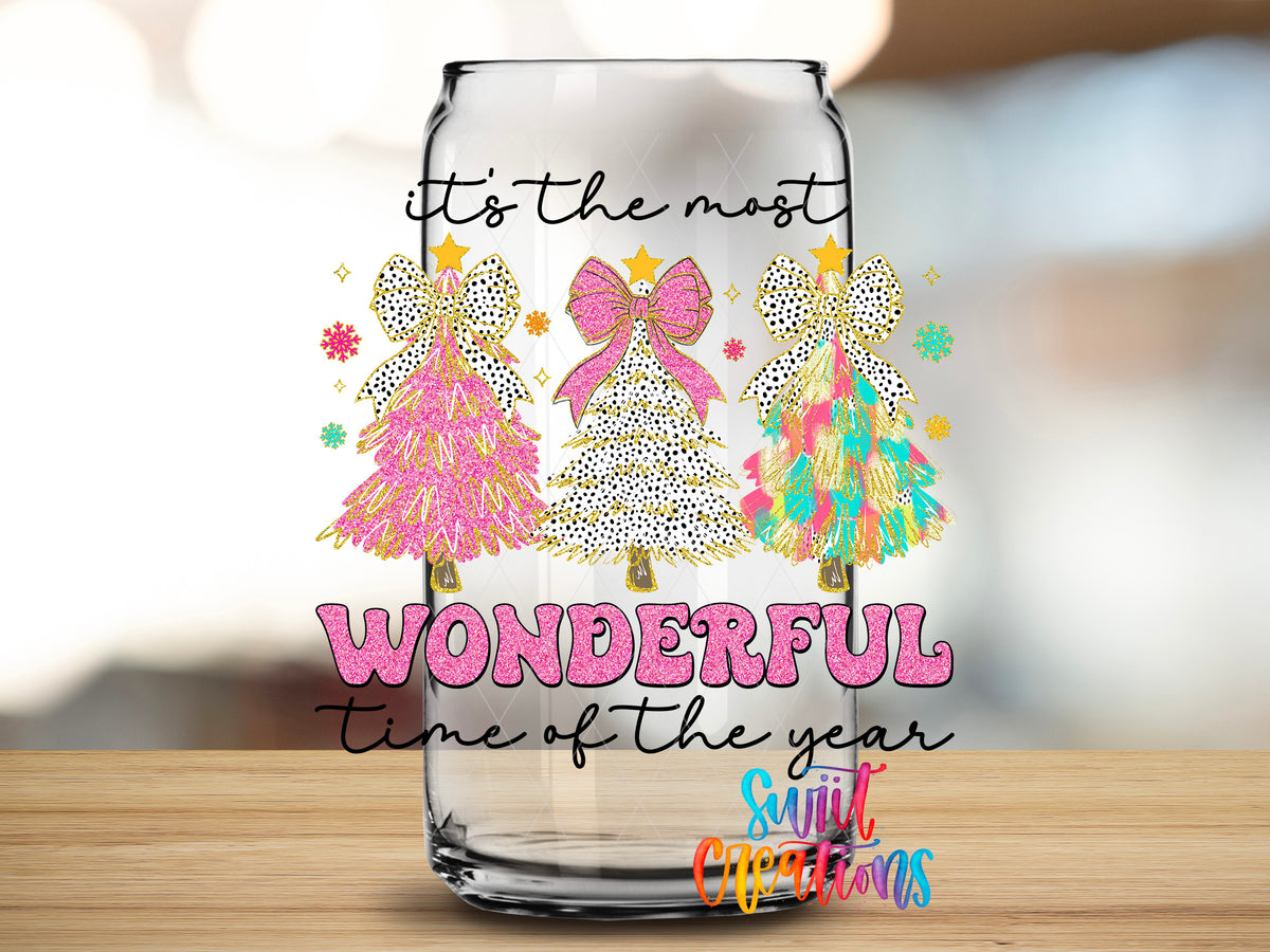 Most Wonderful Time Pink Christmas design close-up on a clear glass can tumbler