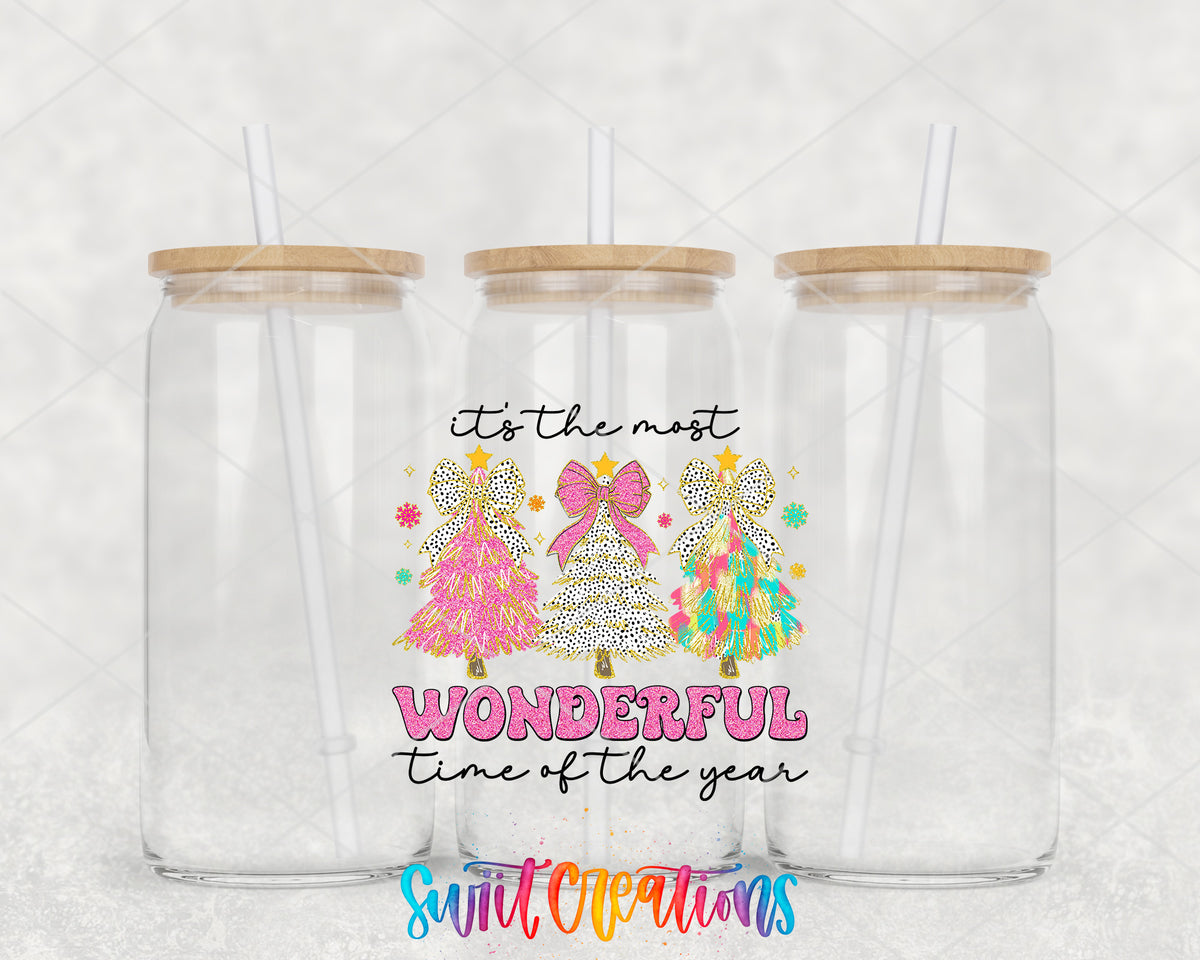 Most Wonderful Time Pink Christmas clear glass tumbler group mockup with bamboo lids and straws