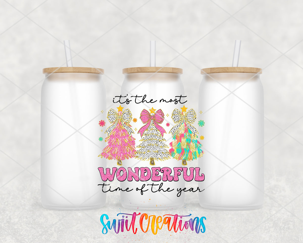 Most Wonderful Time Pink Christmas frosted glass tumbler group view with lids and straws