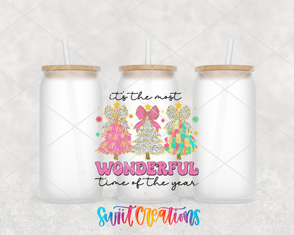 Most Wonderful Time Pink Christmas frosted glass tumbler group view with lids and straws