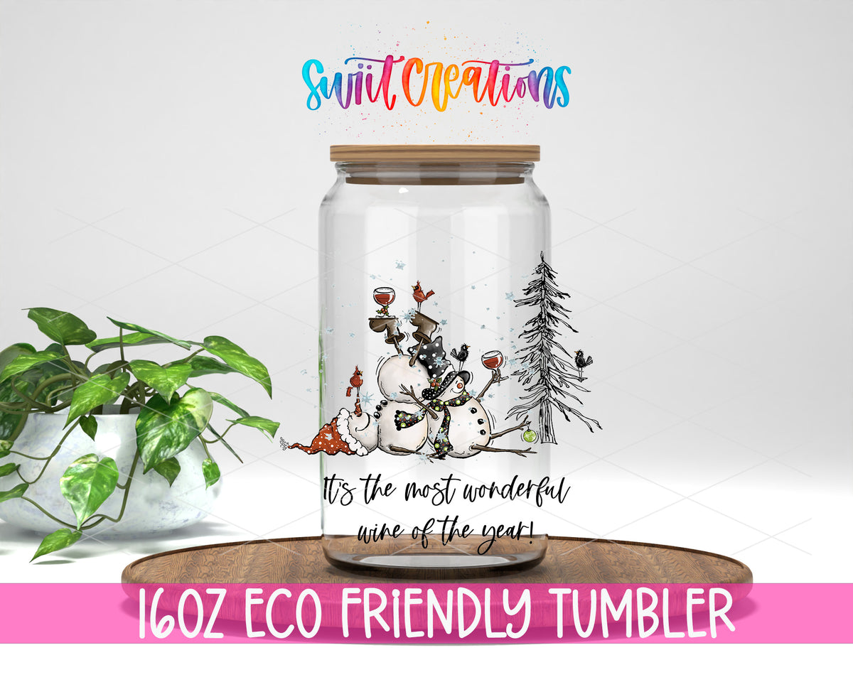 Most Wonderful Wine Christmas design on a 16 oz clear glass tumbler with bamboo lid
