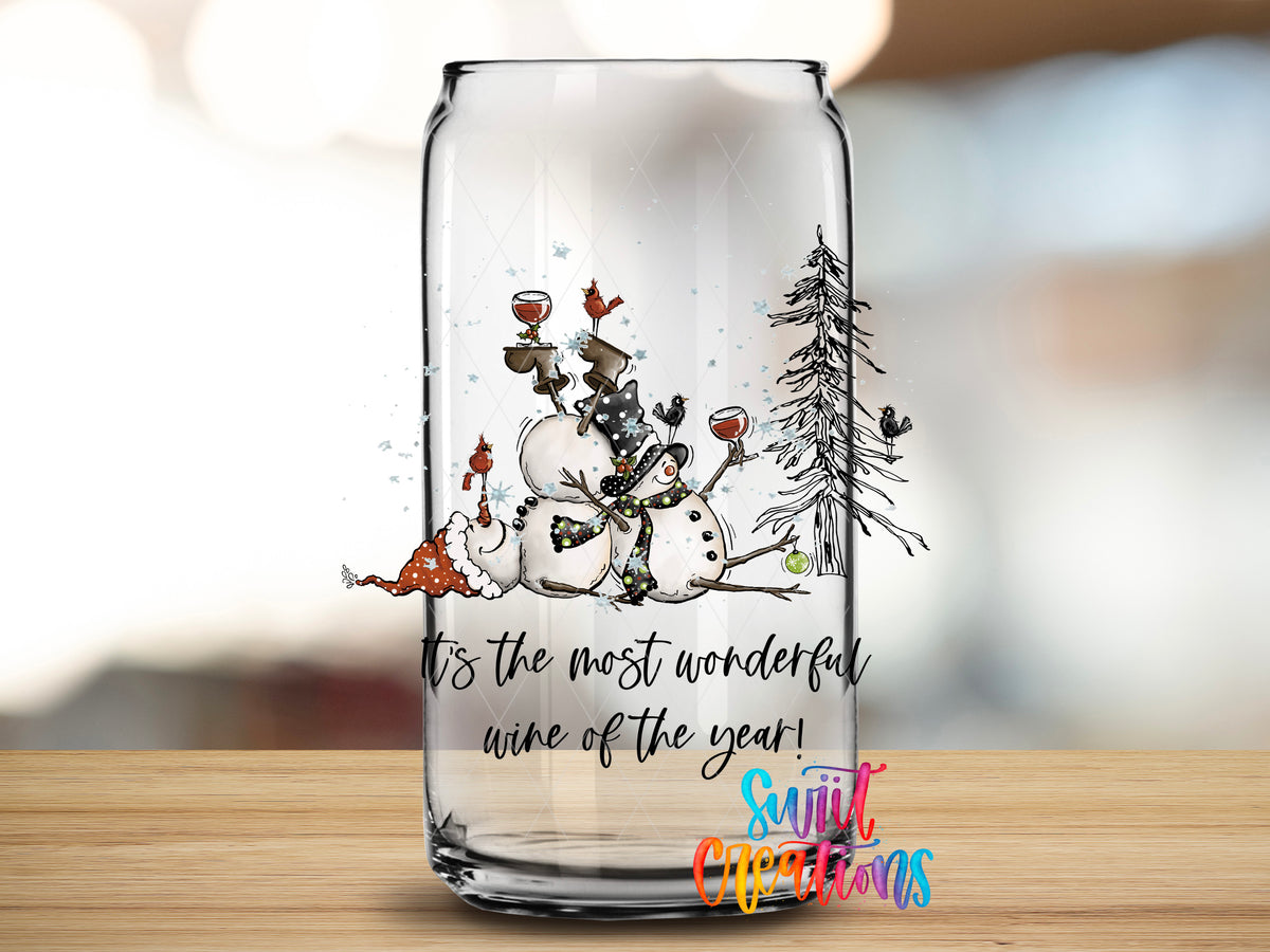 Most Wonderful Wine Christmas design close-up on a clear glass can tumbler