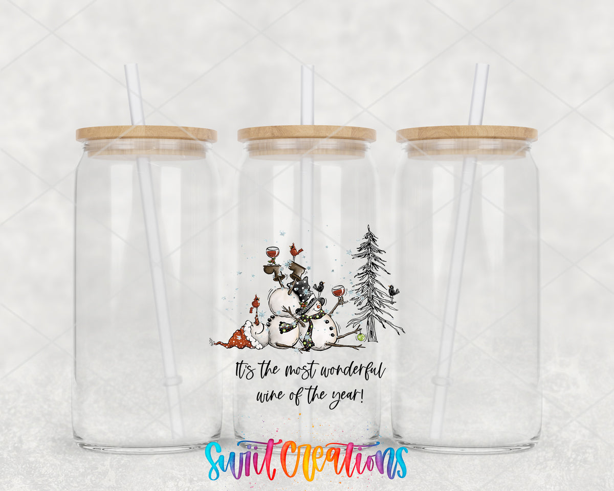 Most Wonderful Wine Christmas clear glass tumbler group mockup with bamboo lids and straws