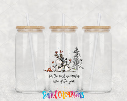 Most Wonderful Wine Christmas clear glass tumbler group mockup with bamboo lids and straws