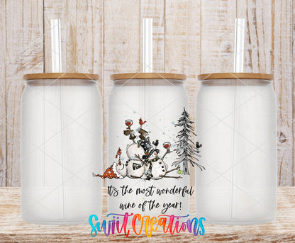 Most Wonderful Wine Christmas frosted glass tumbler mockup with bamboo lids and straws