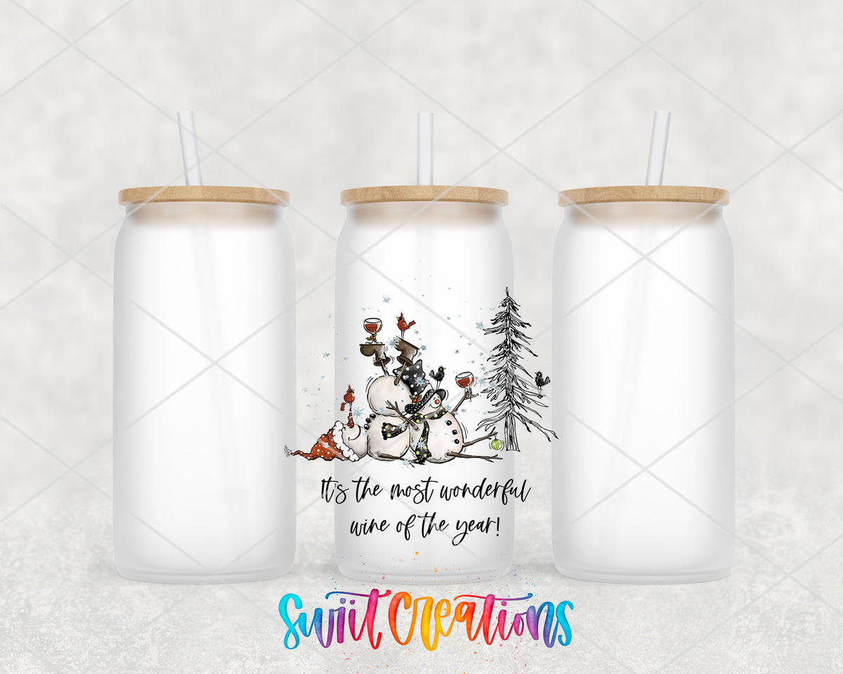 Most Wonderful Wine Christmas frosted glass tumbler group view with lids and straws