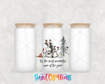 Most Wonderful Wine Christmas frosted glass tumbler group view with lids and straws
