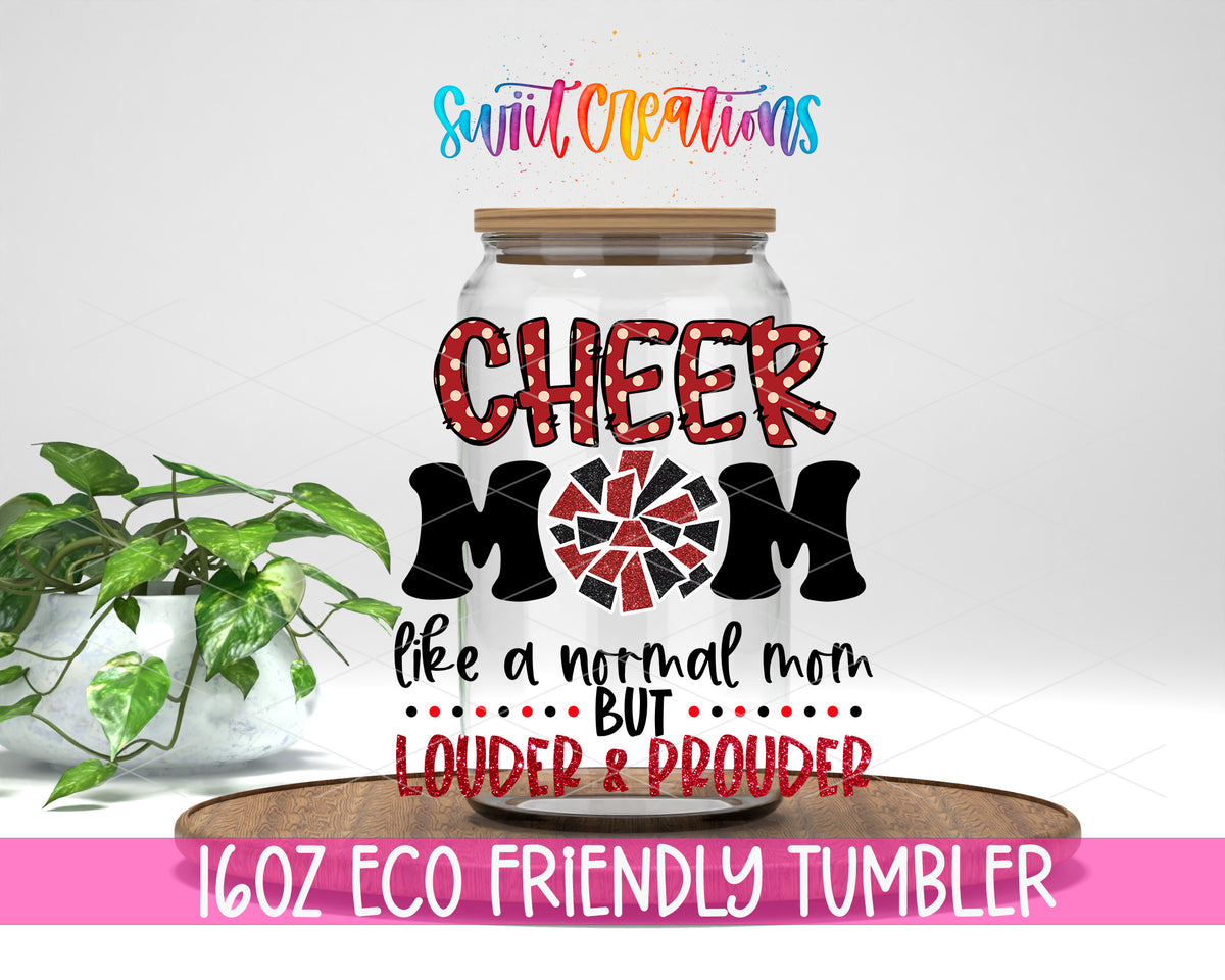 Cheer Mom Red design on a 16 oz clear glass tumbler with bamboo lid