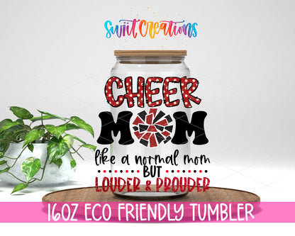 Cheer Mom Red design on a 16 oz clear glass tumbler with bamboo lid