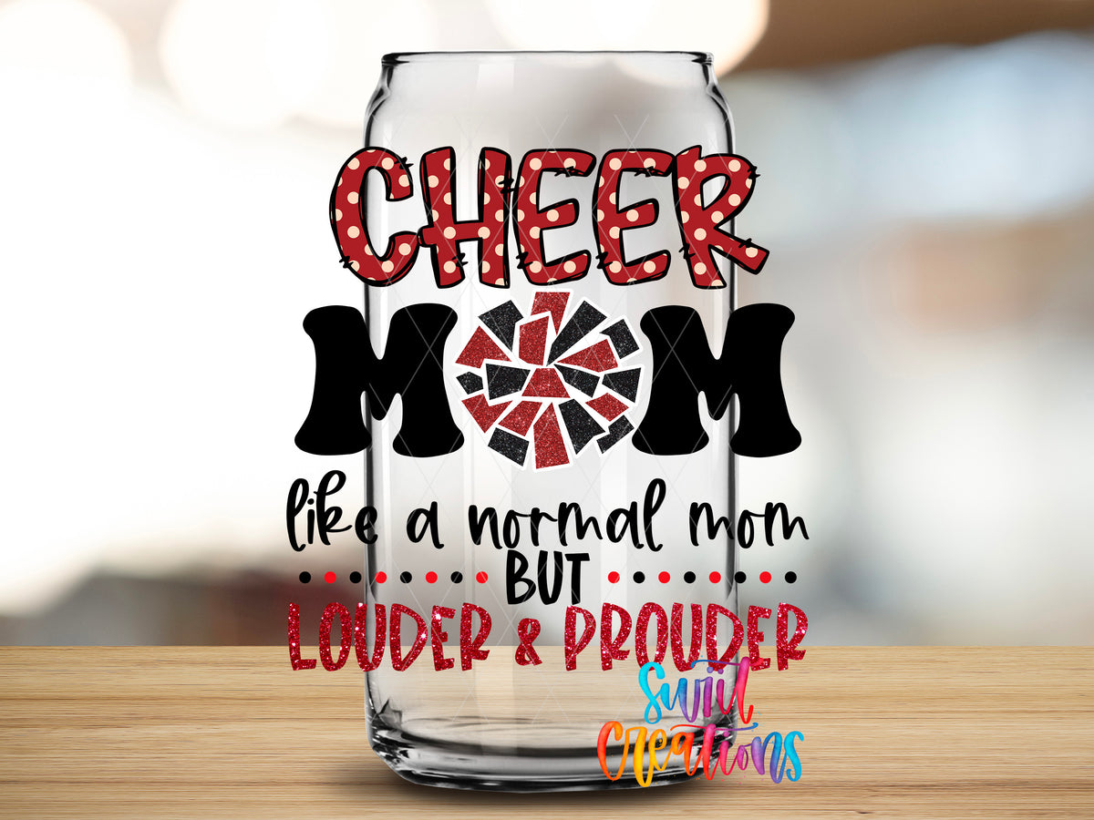 Cheer Mom Red design close-up on a clear glass can tumbler