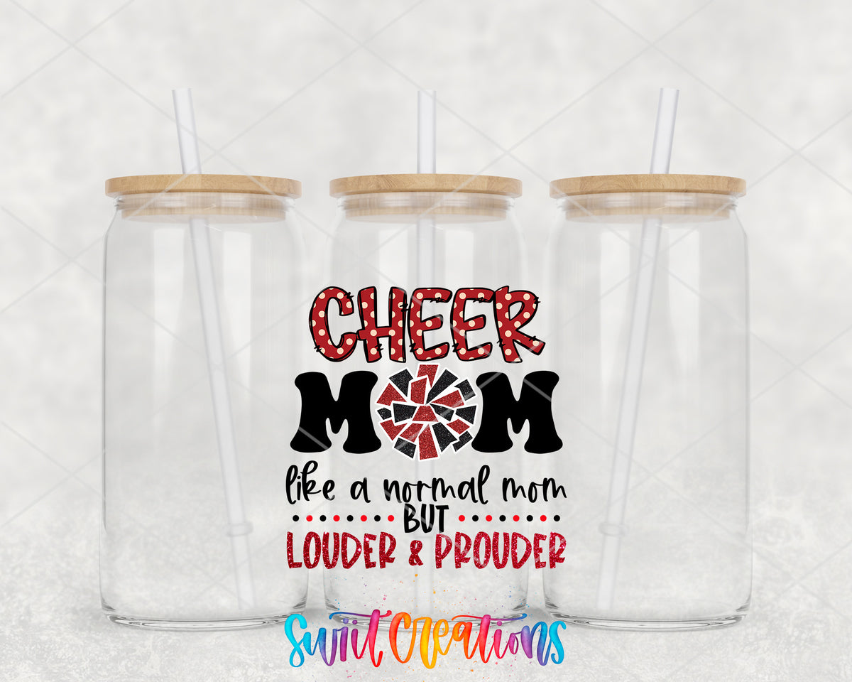 Cheer Mom Red clear glass tumbler group mockup with bamboo lids and straws
