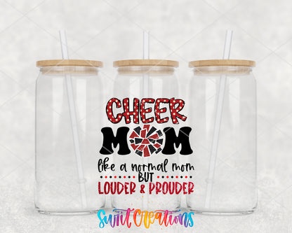 Cheer Mom Red clear glass tumbler group mockup with bamboo lids and straws