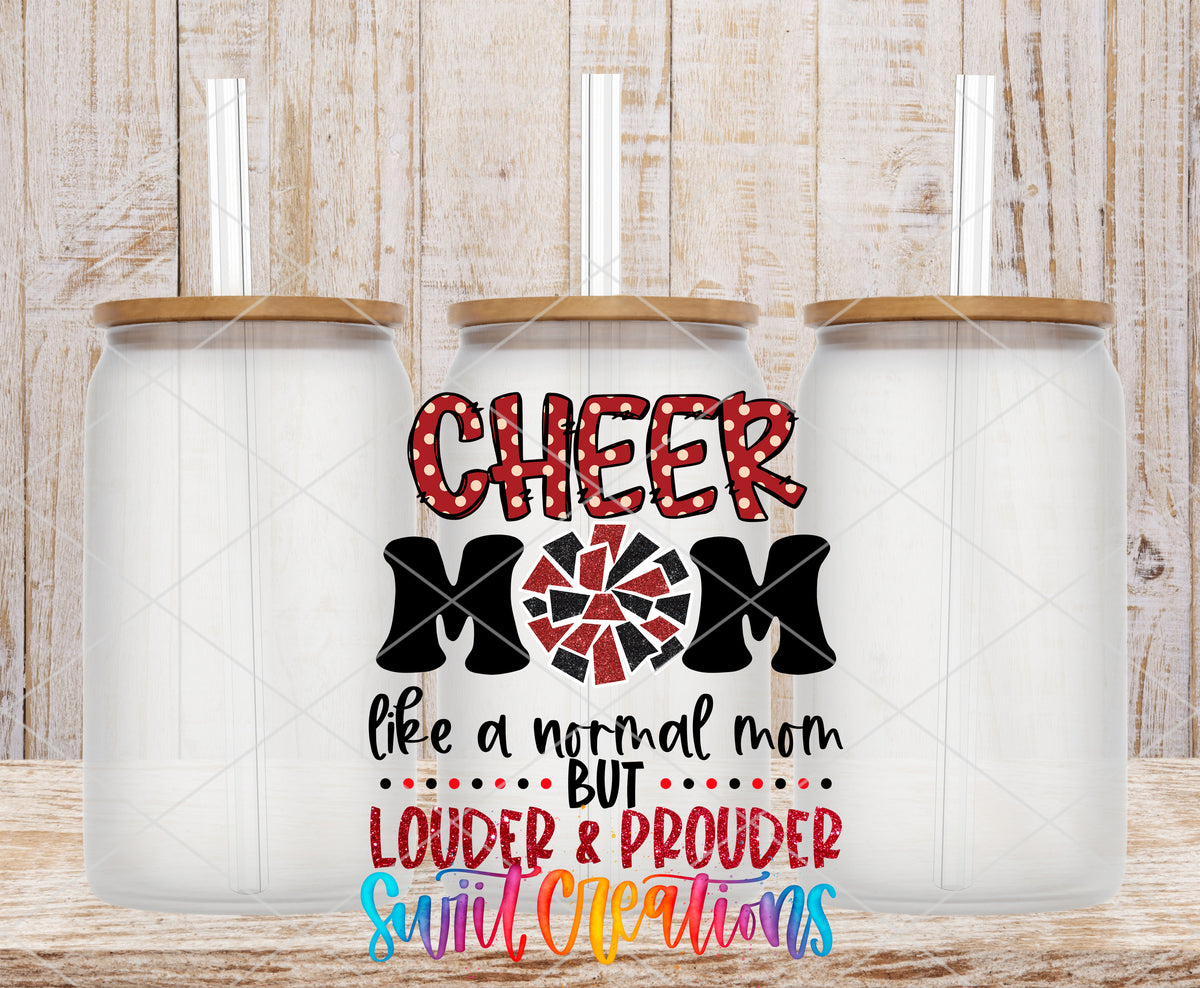 Cheer Mom Red frosted glass tumbler mockup with bamboo lids and straws
